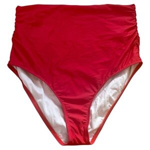 Athena Women's Red Solid Elastic High Waist Stretch Ruched Swimming Brief Sz L